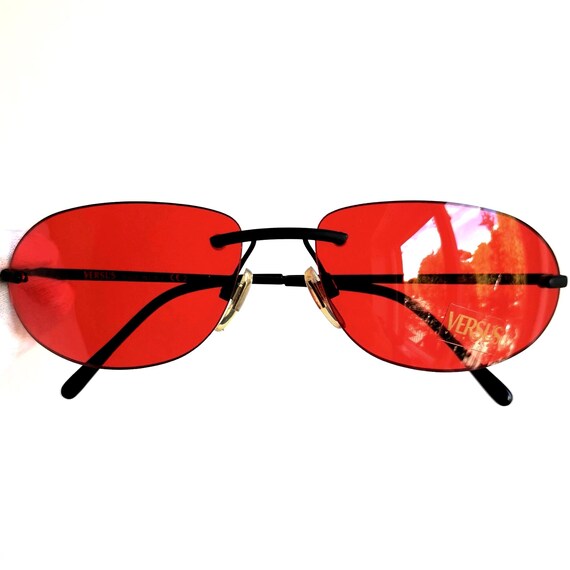 VERSACE Vintage Sunglasses Oval Red Lenses Black Frameless  display picture 2