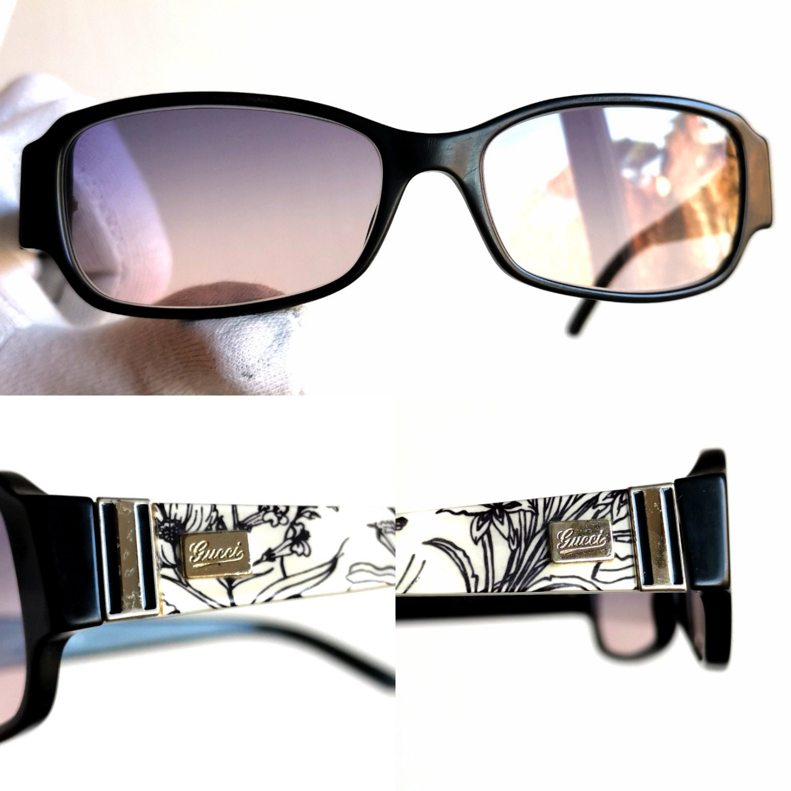GUCCI Vintage Sunglasses Oval Rectangular Black White Flowers Gold