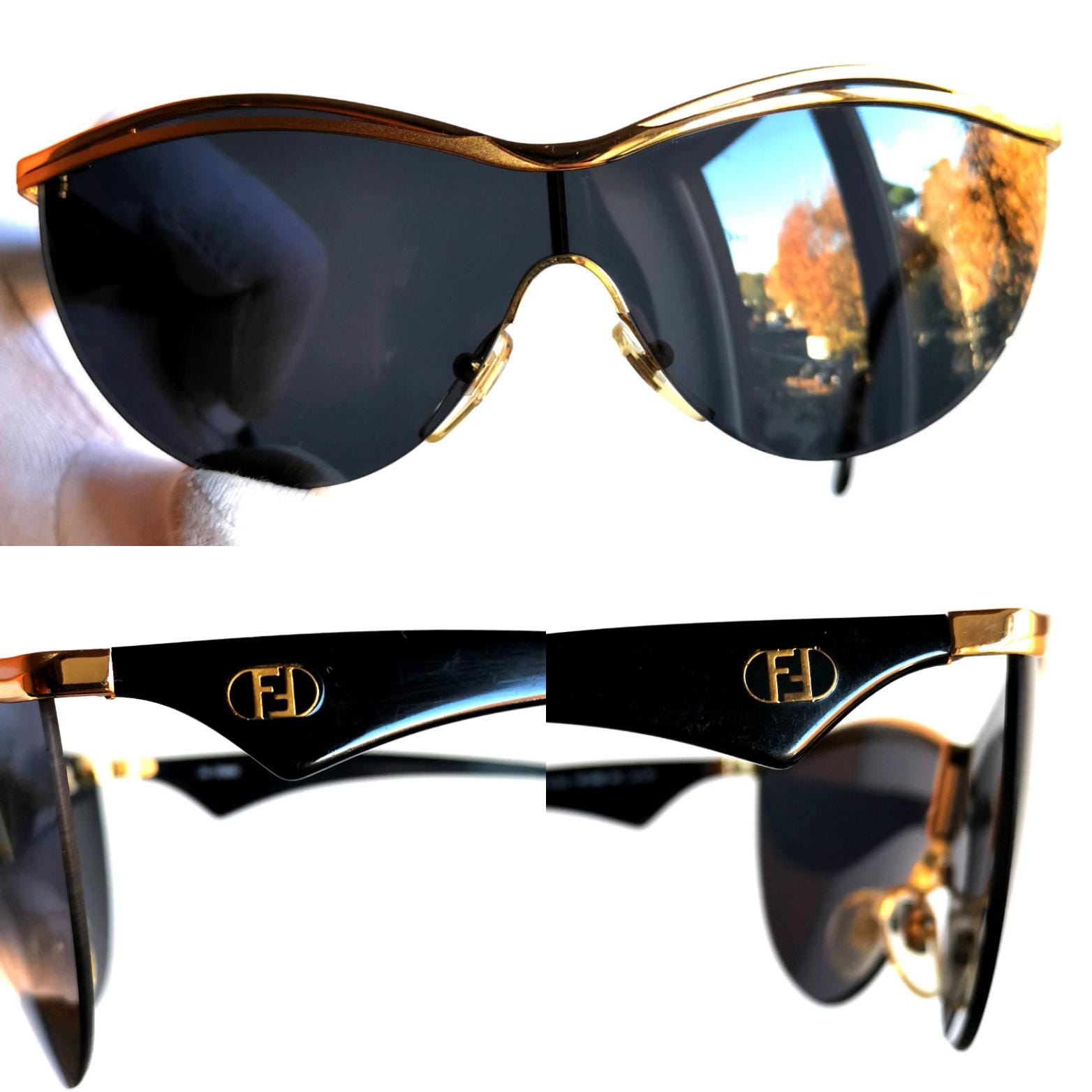 FENDI Vintage Sunglasses Cateye Mask Gold Black FF Monogram FS166