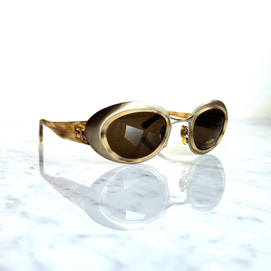 FENDI Vintage Sunglasses Oval Champagne Gold Brown SL7113 Wrap