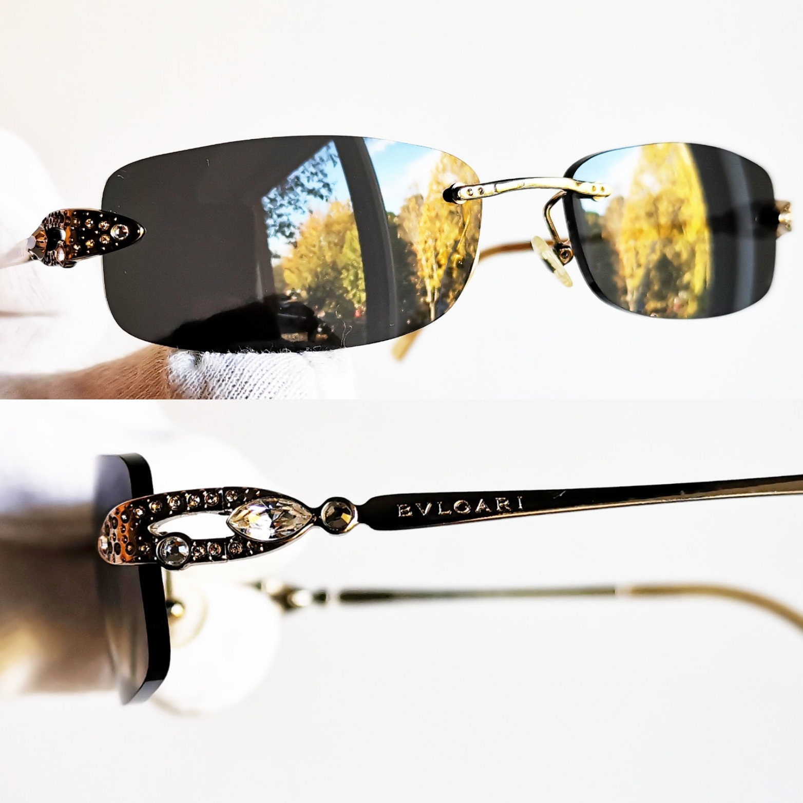 BVLGARI Vintage Jewel Sunglasses Rare Oval Square Gold White
