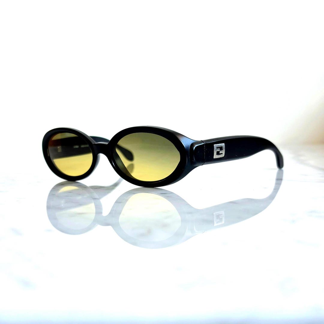 FENDI Vintage Sunglasses Black Silver Oval Yellow Green 90s Frame