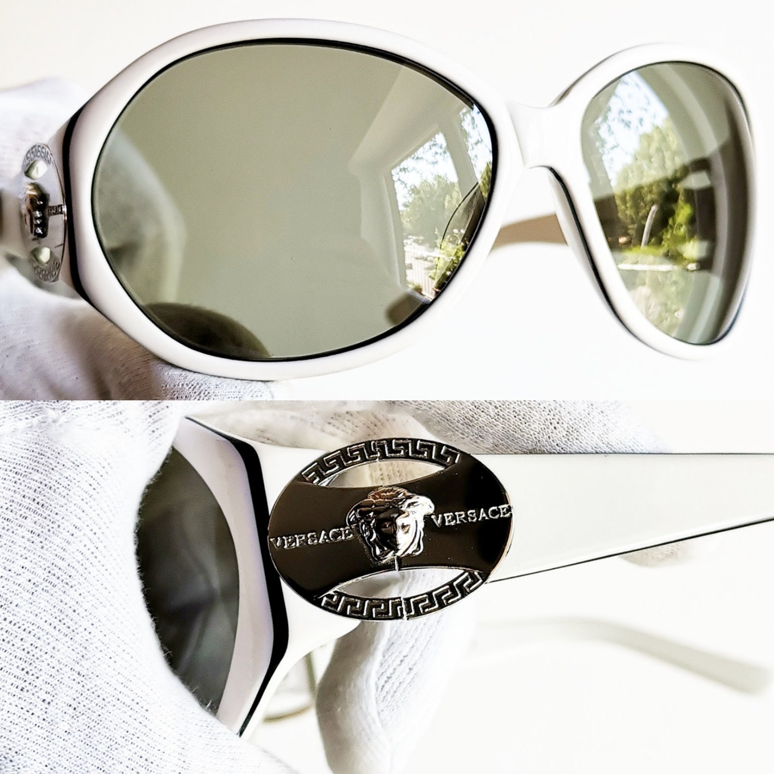VERSACE Vintage Sunglasses White Silver Wrap Medusa Greek Key