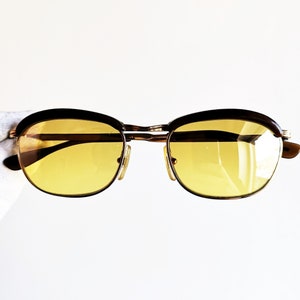 Small oval Gold filled plated sunglasses vintage rare L'AMY LAMY english browline Rihanna Lady Gaga tiny brown frame new yellow mirror lens