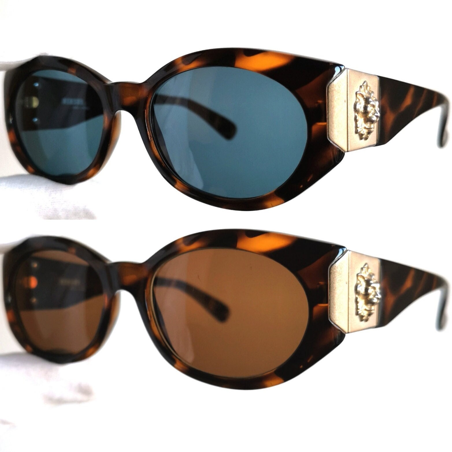 VERSACE Vintage Sunglasses Gold Brass Lion Head Tortoise