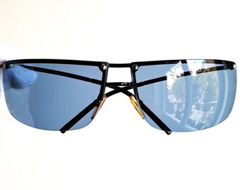 GUCCI Vintage Sunglasses Oval Wrap Half Rim Frameless Blue Lens