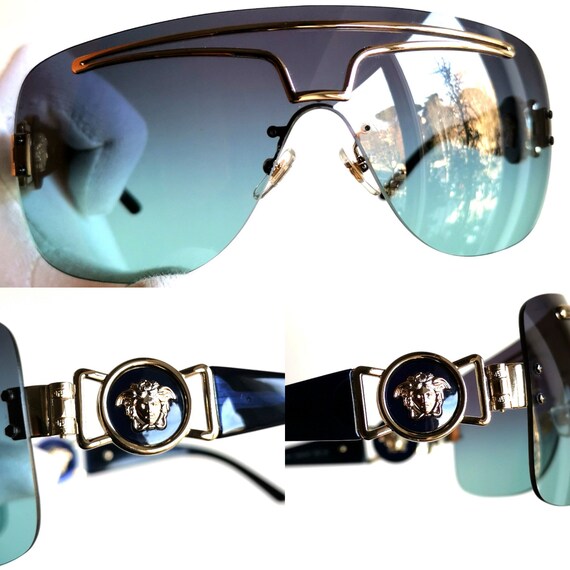 VERSACE Vintage Sunglasses Blue Gold Medusa Aviator Wrap  display picture 2