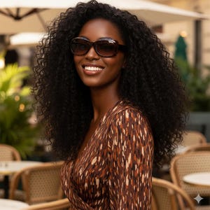 Puede incluir: Una mujer con gafas de sol marrones y un vestido estampado marr&oacute;n sonr&iacute;e a la c&aacute;mara. Su largo cabello negro rizado enmarca su rostro. El fondo sugiere un ambiente de caf&eacute; al aire libre.