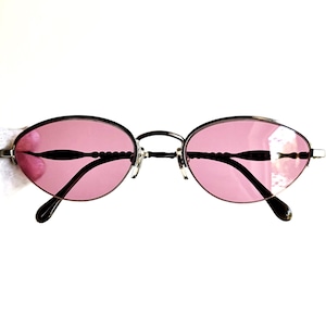 VERSACE vintage Sunglasses oval silver rolled up arm 609 frame Gianni by GENNY half rim small tiny Rihanna Bella Hadid 90s new pink lens NOS