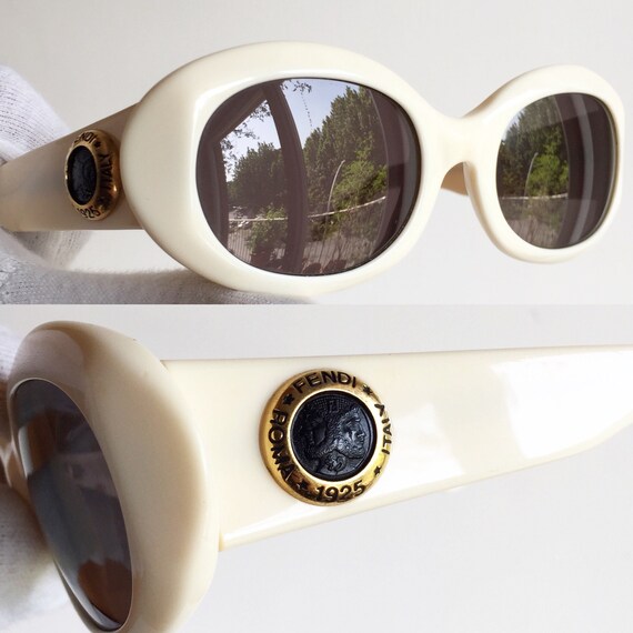 FENDI Vintage Sunglasses Rare White Cream Gold Oval Black Roman Coin SL7503 Kurt Cobain Clout Goggles Migos Rihanna Kylie Jenner Frame 90s Etsy