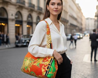 VERSACE Vintage Bag Gold Shoulder Sun Chain Strap Orange Green
