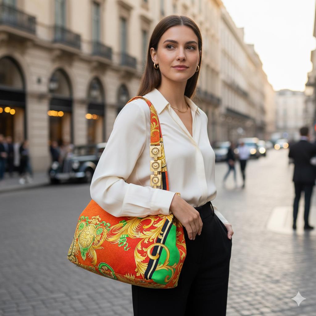 VERSACE Vintage Bag Gold Shoulder Sun Chain Strap Orange Green