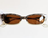 MOSCHINO oval sunglasses vintage small rare rectangular love heart M3692 white rhinestone cateye rockabilly tiny clear frame brown lens 90s