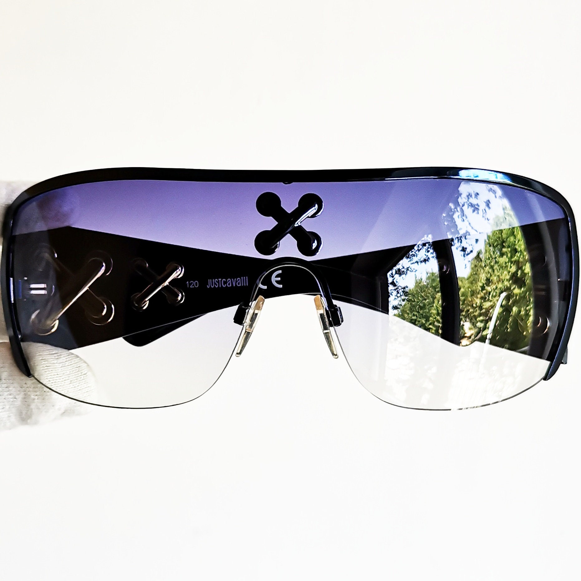 JUST CAVALLI Vintage Sunglasses Oversize Purple Gold Cross 