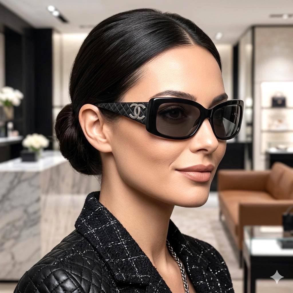 CHANEL Vintage Sunglasses Black White Silver CC Logo Quilted 33965
