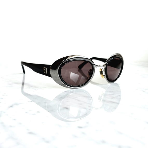 FENDI Vintage Sunglasses Oval Silver Black SL7113 Mirror Rockstar