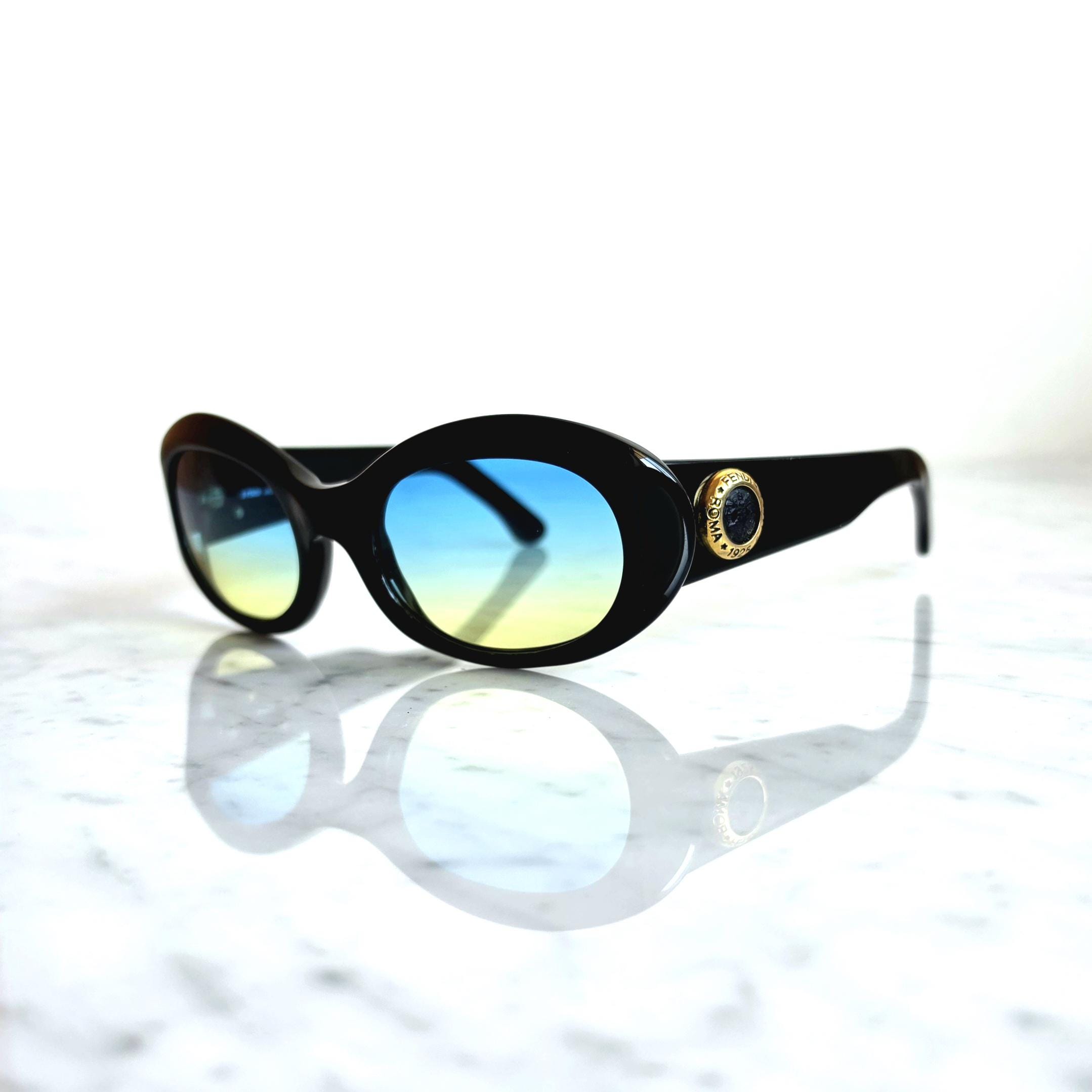 FENDI Vintage Sunglasses Black Gold Oval FF Frame SL7503 Blue