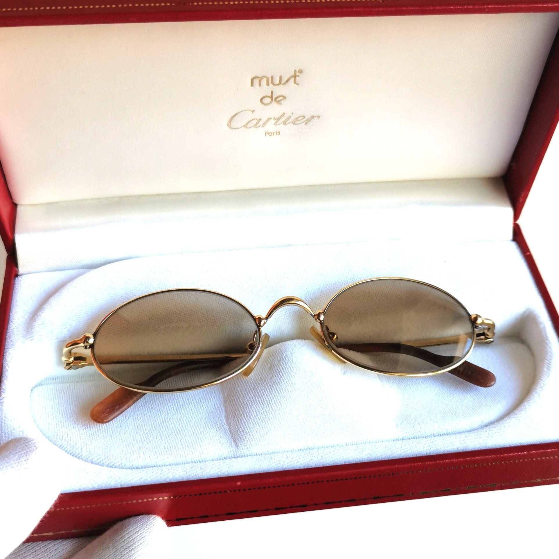 CARTIER Sunglasses Gold Filao Brown Small Vintage New Photochromic
