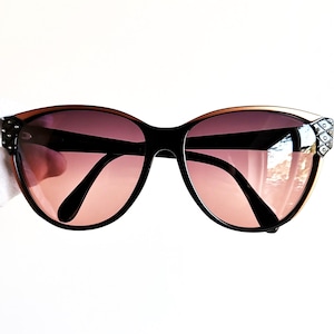 Oversize vintage sunglasses rare black French style frame rhinestone strass PIERRE LEROC Paris made in France new purple pink lens cateye 90
