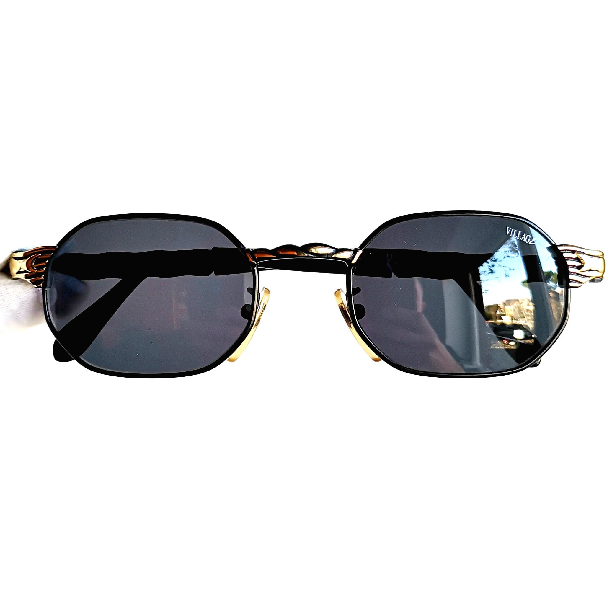 VILLAGE by Marcolin Vintage Sunglasses Black Gold Pisces Squared