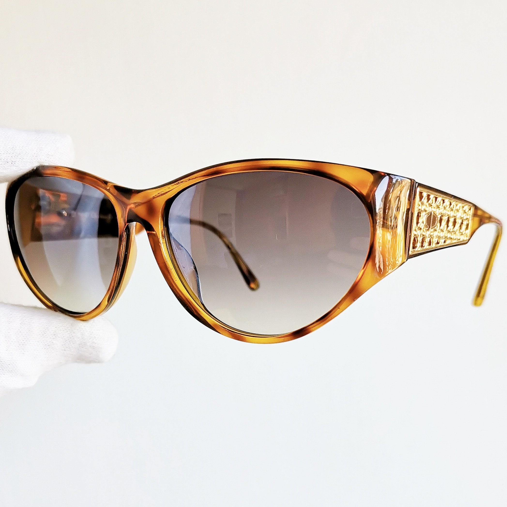 DIOR Vintage Sunglasses Brown Gold Wrap Rare Oval Tortoise