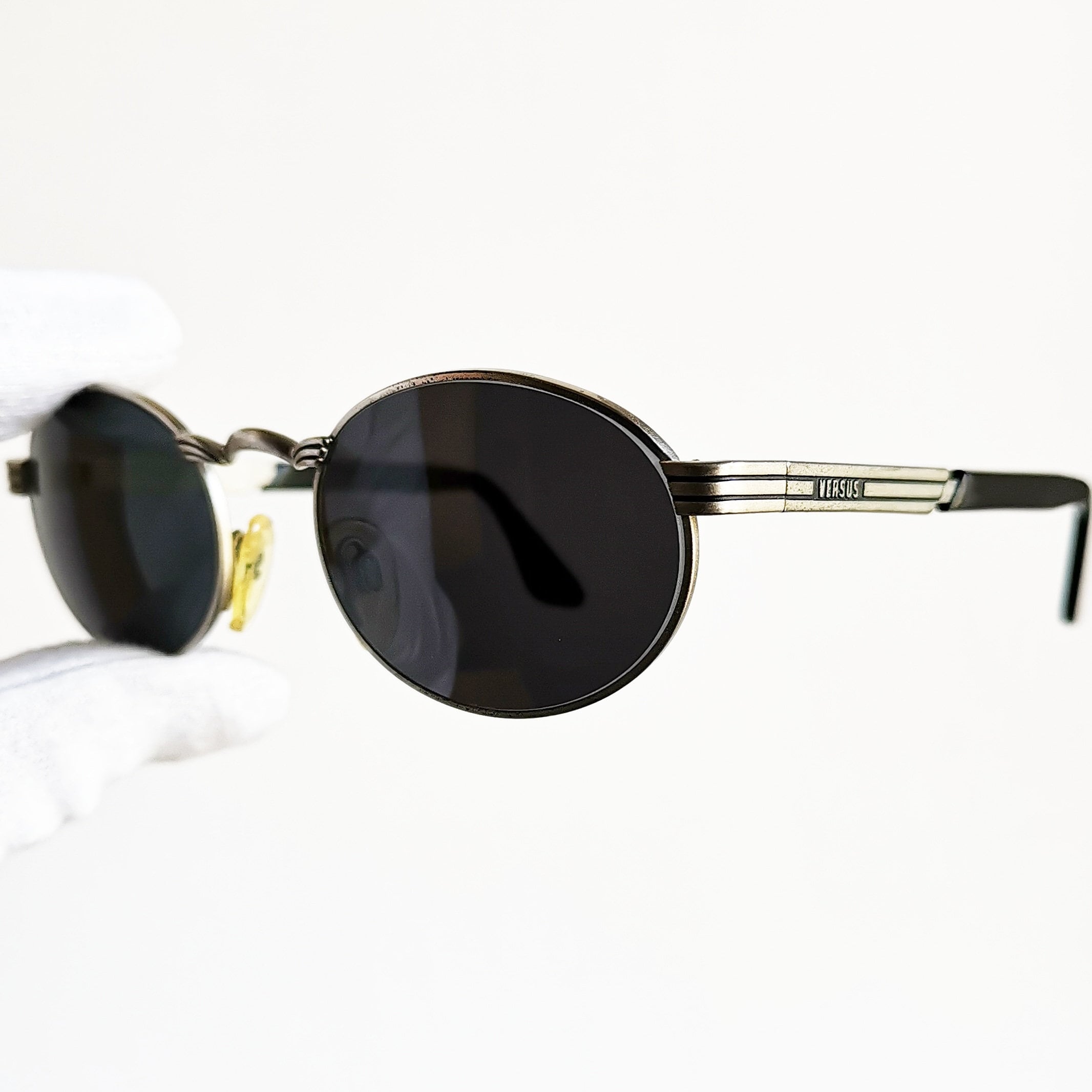 VERSACE Vintage Sunglasses Oval Round Rare Black Silver Steampunk