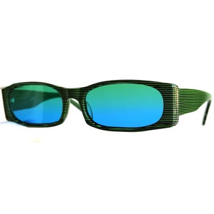 GUFI vintage sunglasses acid green black stripes pinstripe rare oval rectangular Migos designer Lady Gaga Rihanna frame flat blue lens 90s