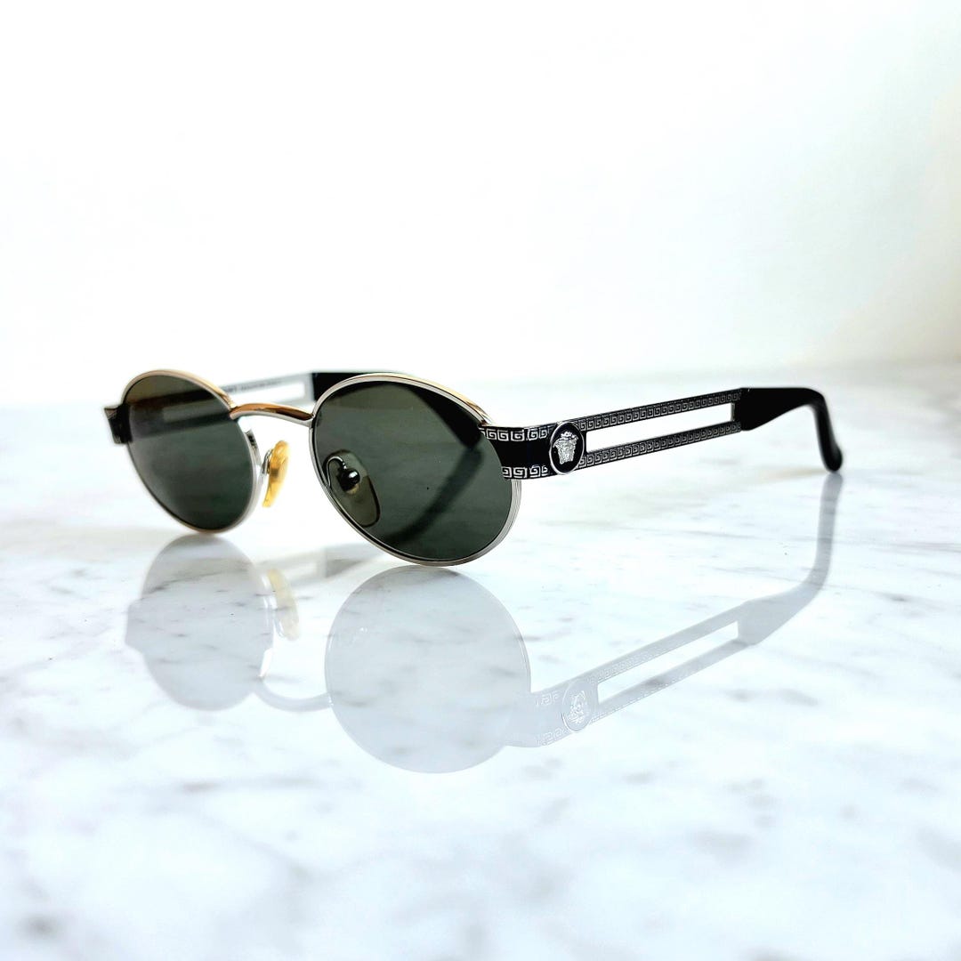 VERSACE Vintage Sunglasses Black Oval Silver Medusa Gianni S68