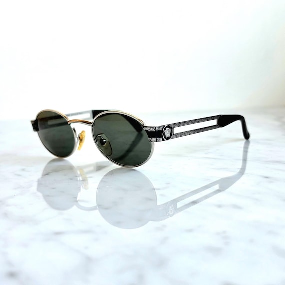 VERSACE Vintage Sunglasses Black Oval Silver Medusa Gianni S68