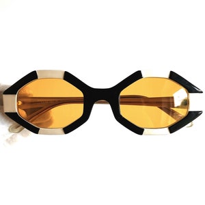CONCERT octagon vintage Sunglasses rare checkered black white chess table hexagon square avant garde Migos Lady Gaga honey orange lens 70s