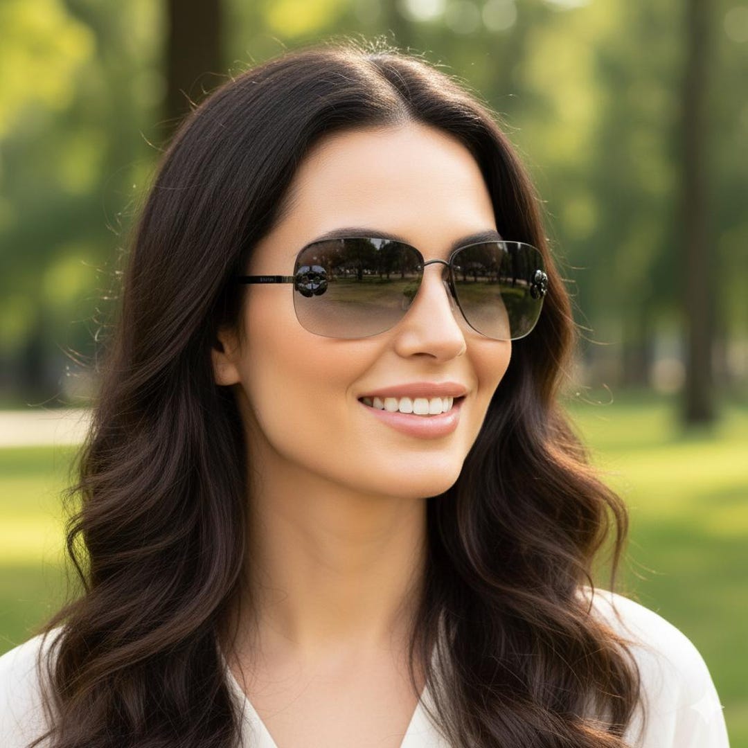CHANEL Sunglasses Vintage Black Camellia Flowers Aviator Half Rim