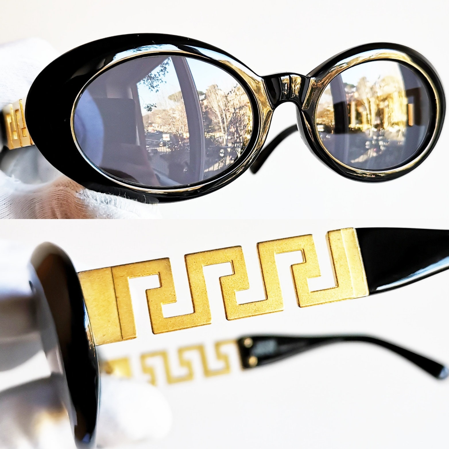 VERSACE Vintage Sunglasses Black Oval Gold Greek Key Gianni 