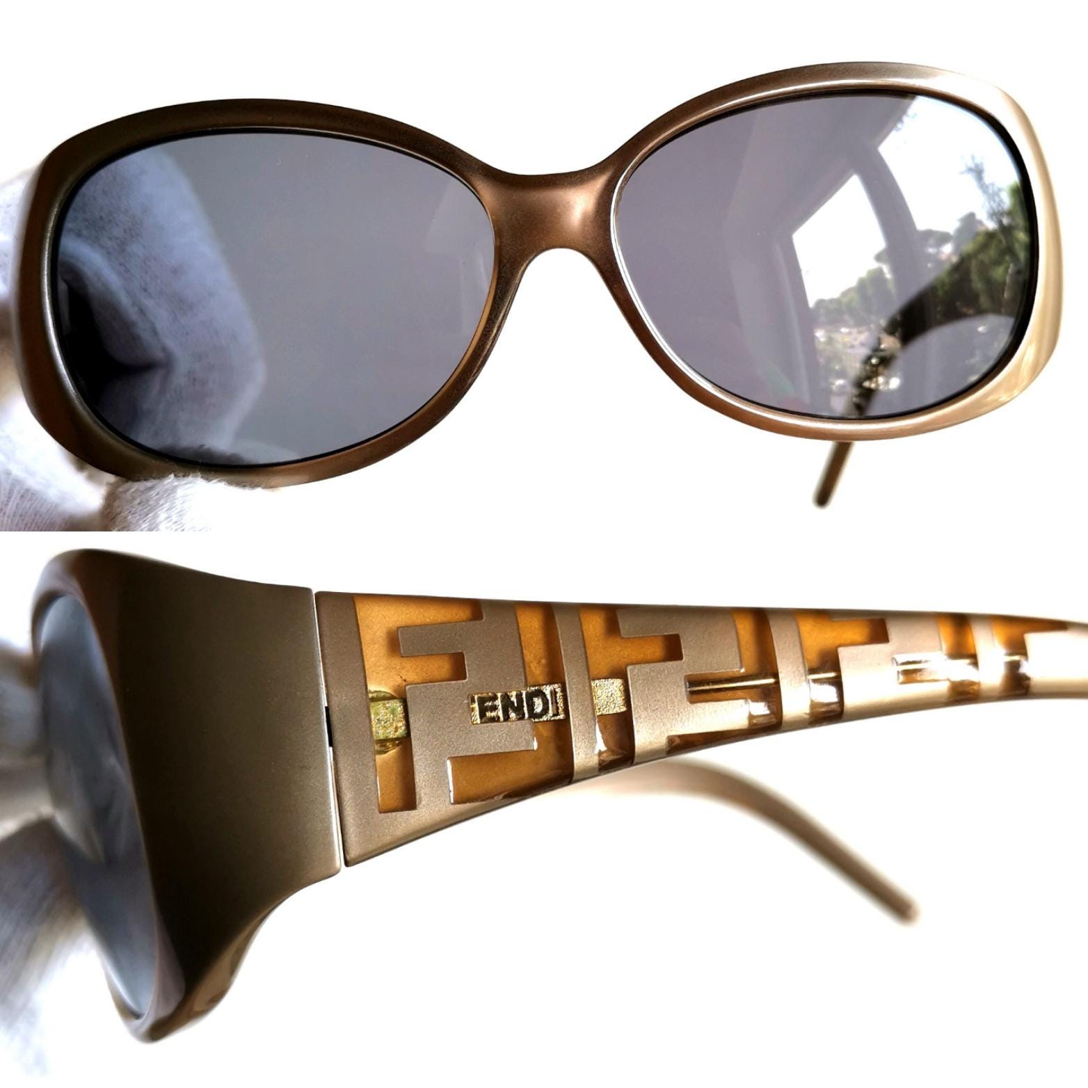 FENDI Vintage Sunglasses FF Monogram Pattern Golden Oval FS407