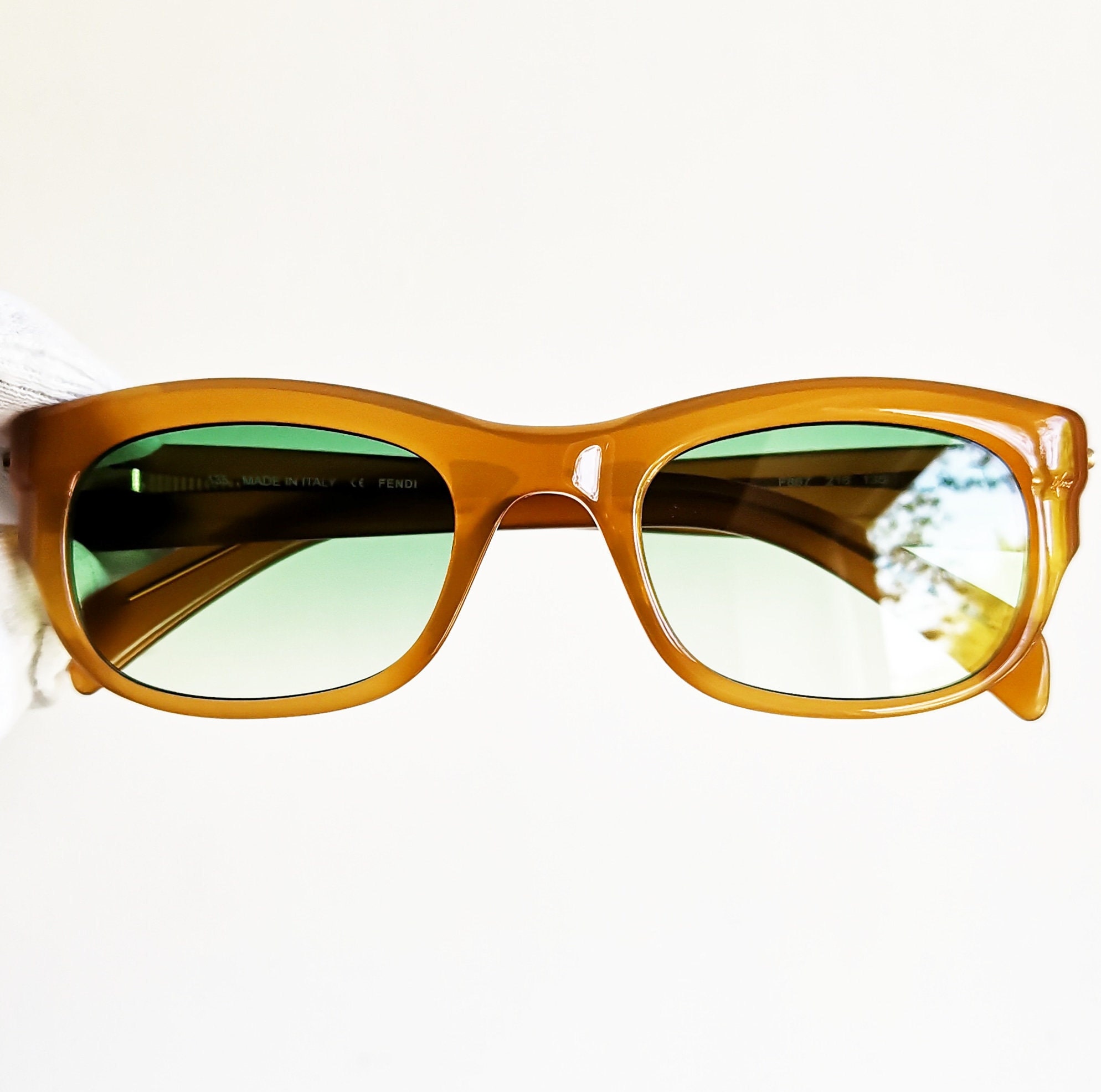 FENDI Vintage Sunglasses Square Oval Honey Brown Gold Stud