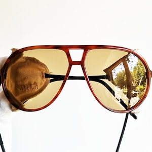 Aviator Pilot Drop Sun vintage sunglasses rare tear drop shape K.ONE Modasolaris 1171 frame tortoise brown side shield windguard lanyard 90s
