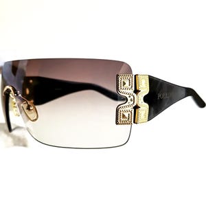 POLLINI vintage SUNGLASSES rare square wrap wraparound rimless mask black engraved gold shield rhinestone strass small head face 90s new NOS