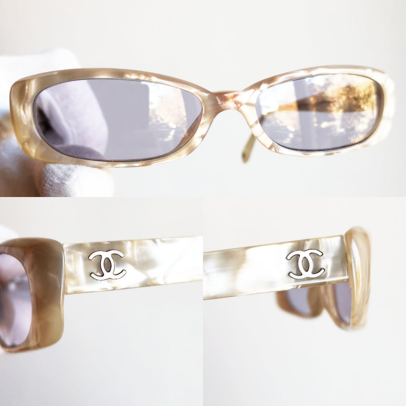 CHANEL Sunglasses Vintage Rare White Powder Pink Mother of 