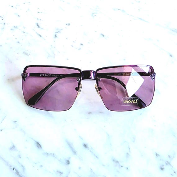 VERSACE Vintage Sunglasses Squared Purple Pink Lenses Silver