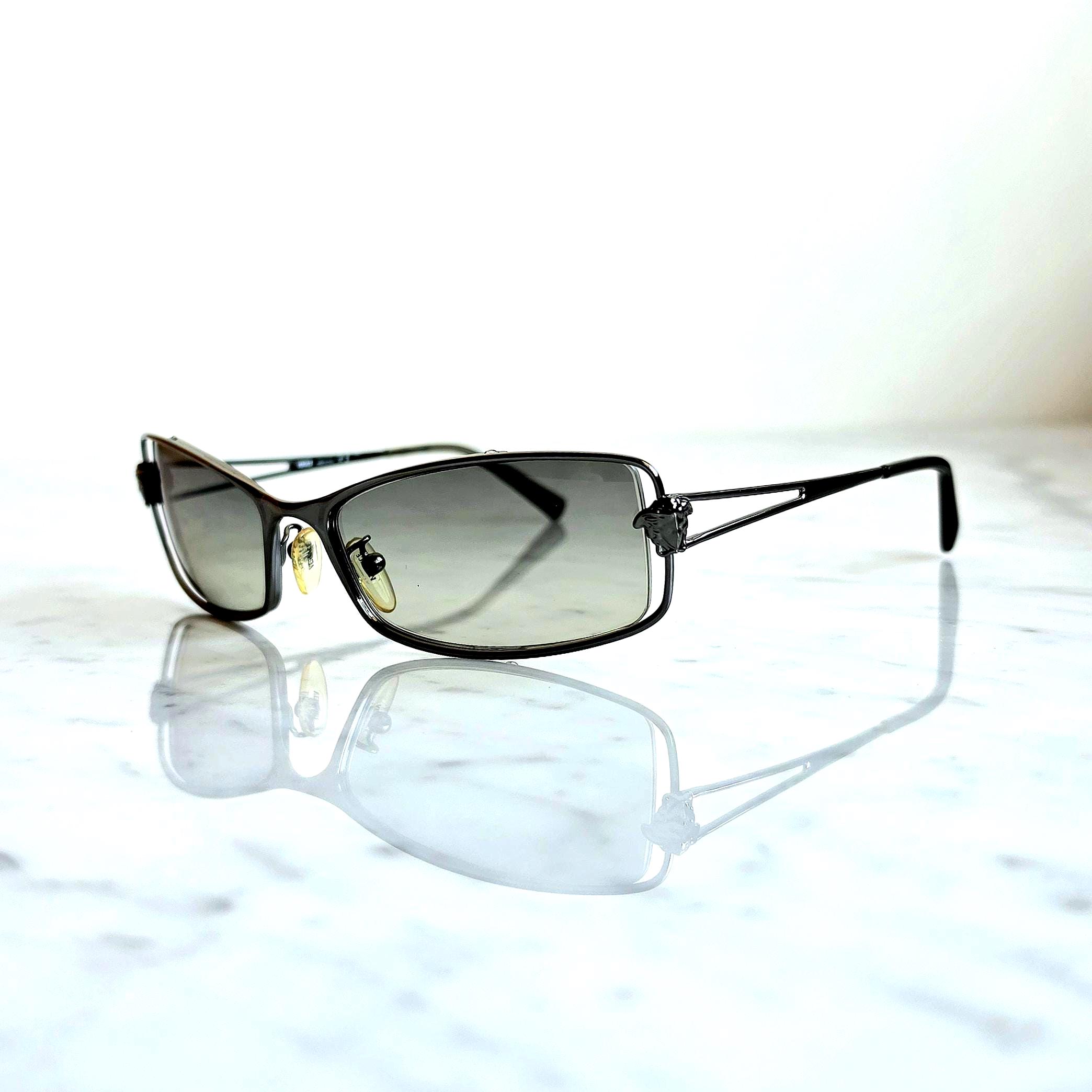 VERSACE Vintage Sunglasses Medusa Oval Silver Gianni N55 Wrap 90s