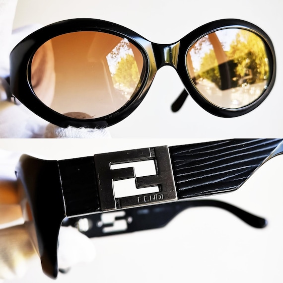FENDI Vintage Sunglasses Black Silver Oval Wrap 90s FF Frame