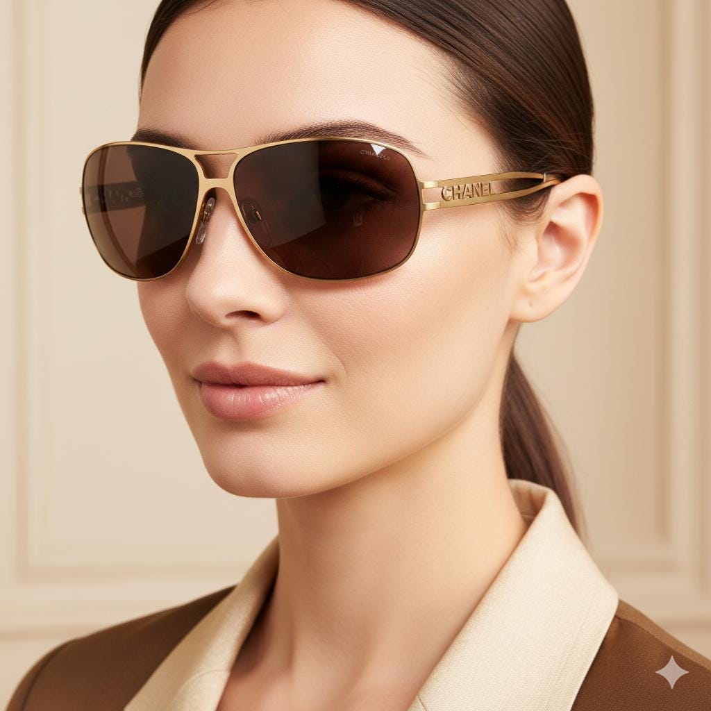 CHANEL Vintage Sunglasses Gold Aviator Oversize Frame Brown Lens