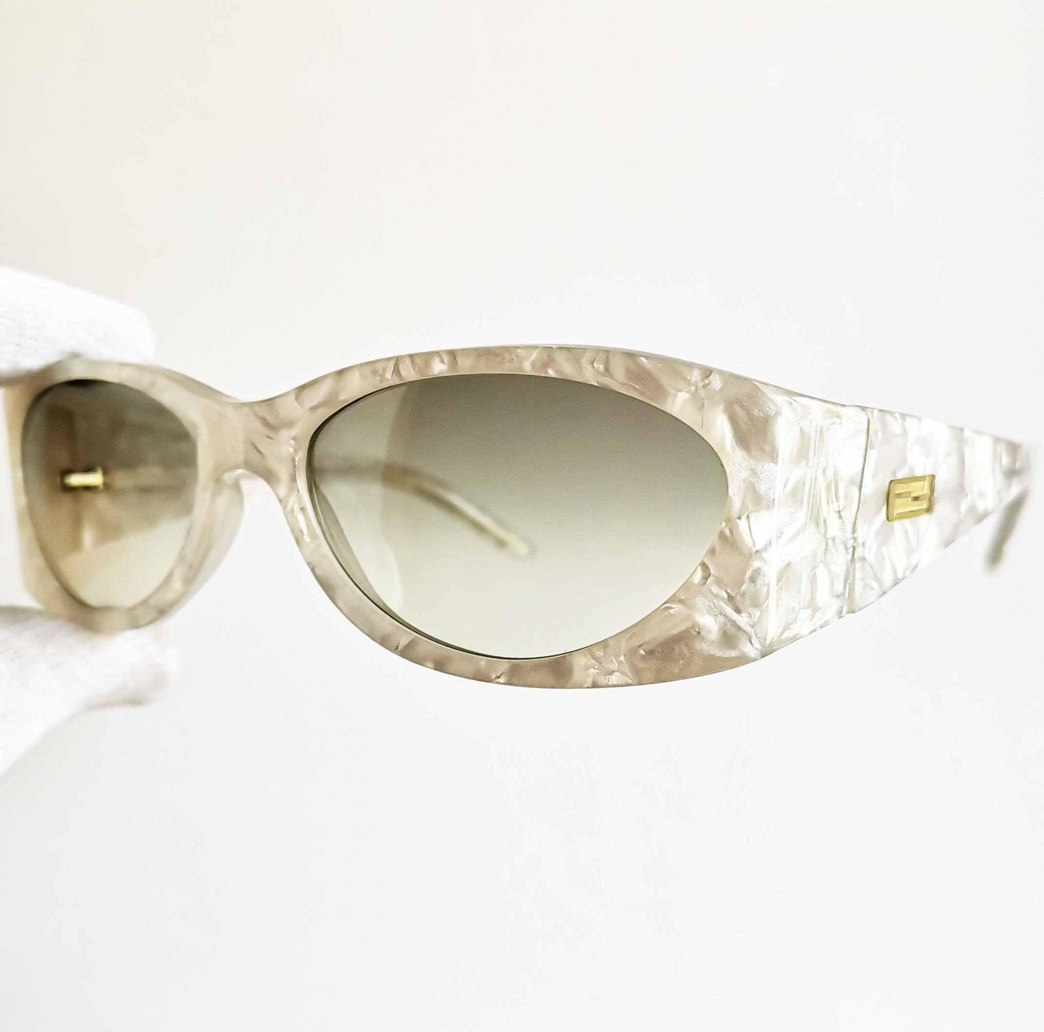 FENDI Vintage Sunglasses Marble White Ice Gold Oval Squared  display picture 1