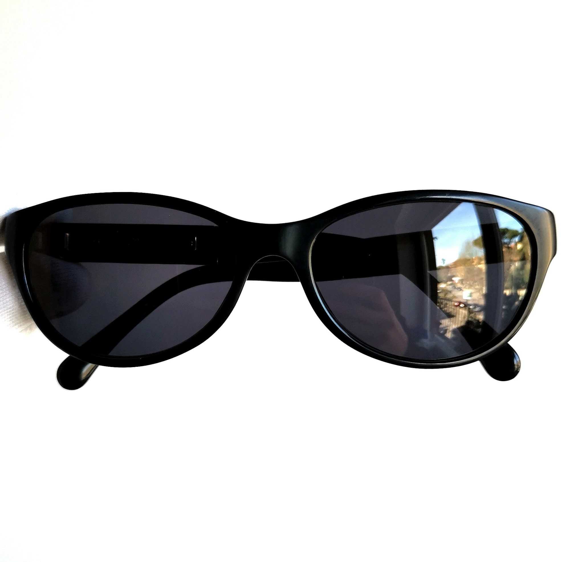 CHANEL Vintage Sunglasses Leather Insert Temple Oval Cateye Black