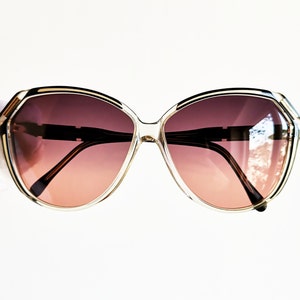 COURREGES vintage sunglasses rare oval cateye mask black white clear gold wrap frame hand made in France oversize diva new purple pink lens