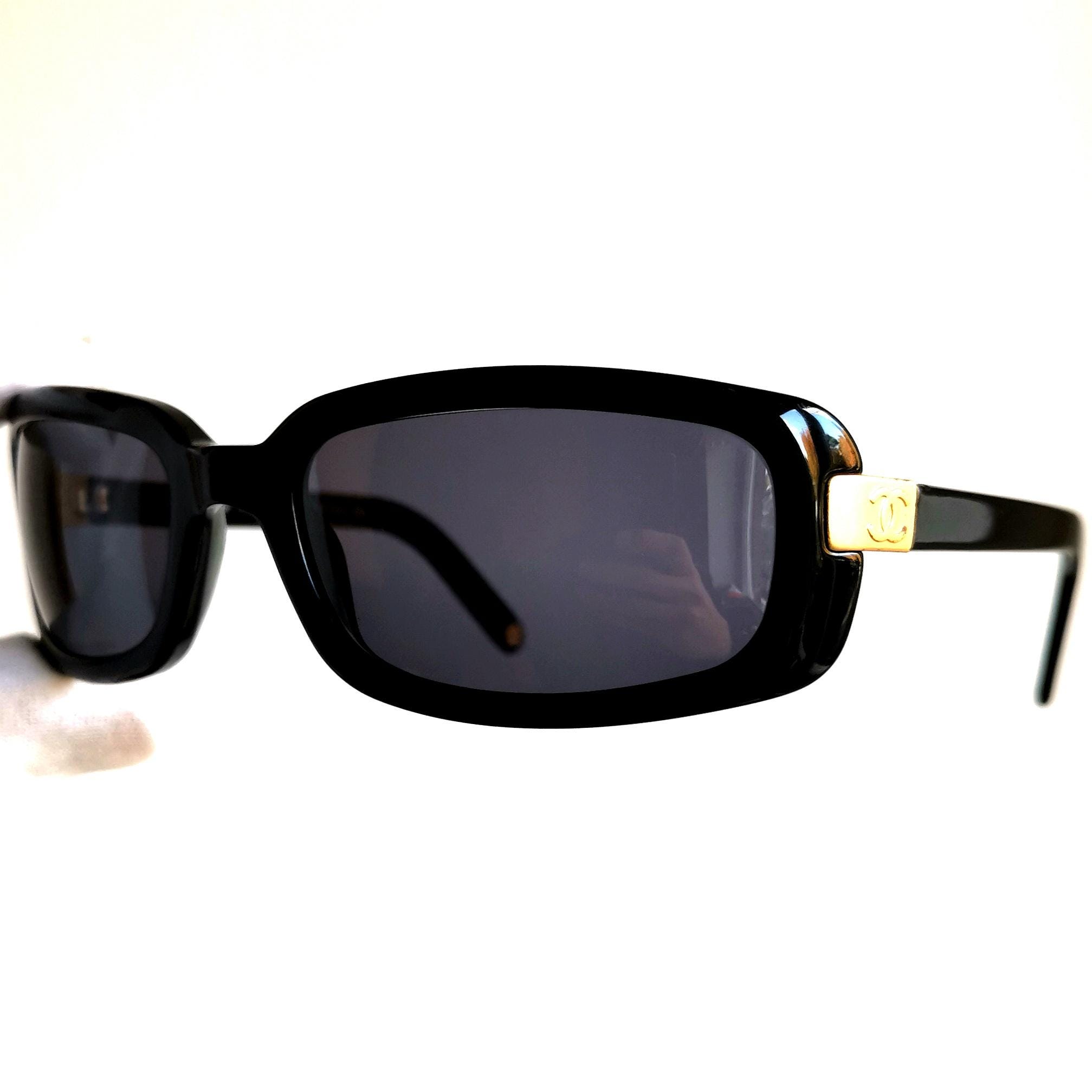 CHANEL Vintage Sunglasses Gold CC Logo Black Oval Rectangular Wrap