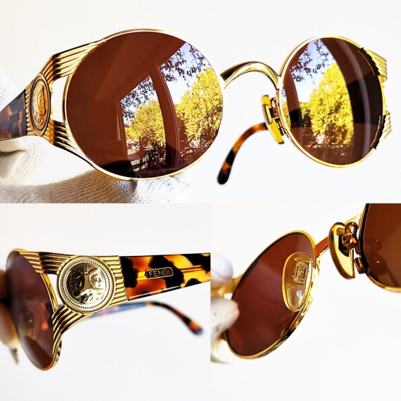 FENDI Vintage Sunglasses Round Gold Tortoise Brown FS240 Frame 90s