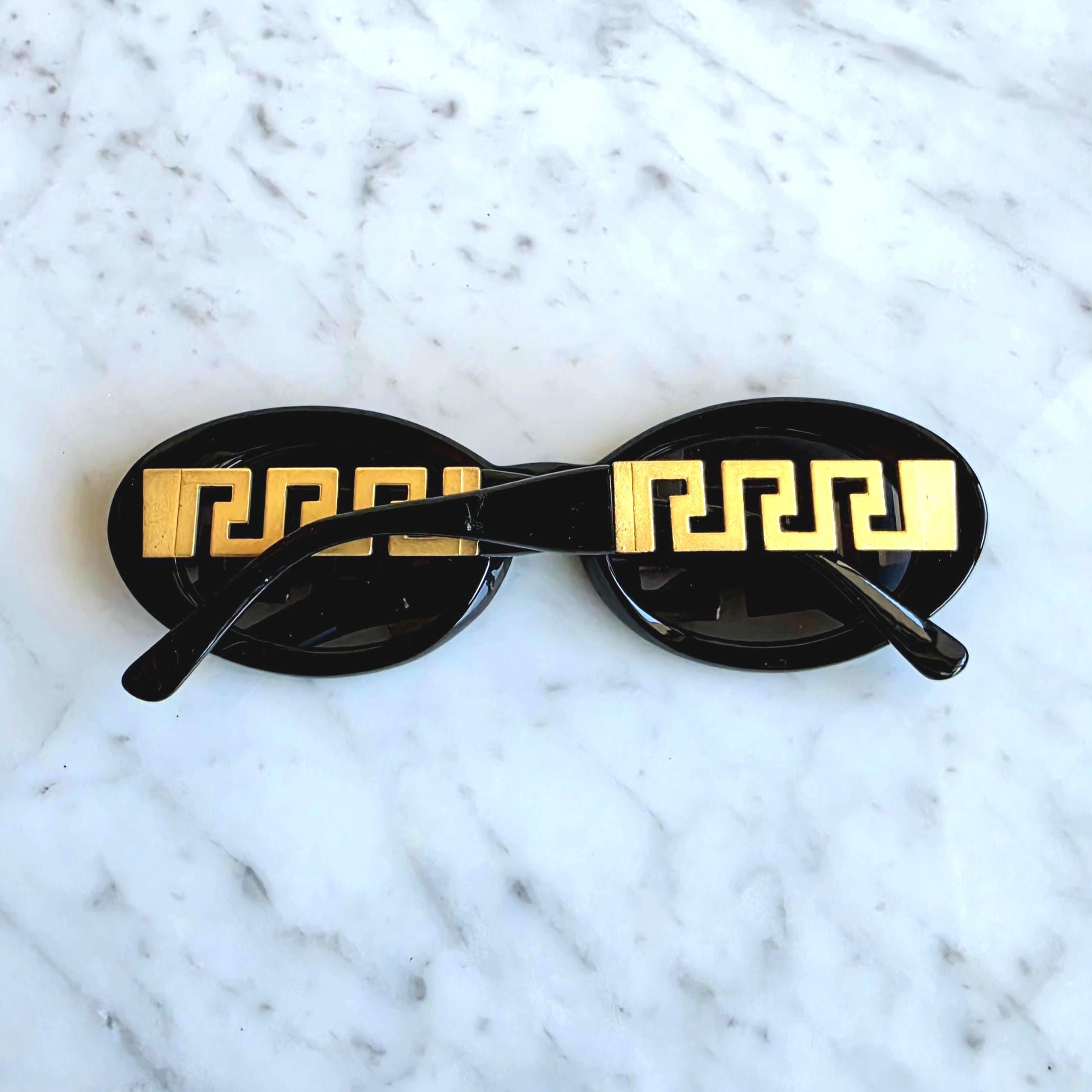 VERSACE Vintage Sunglasses Black Oval Gold Greek Key Gianni 527/T