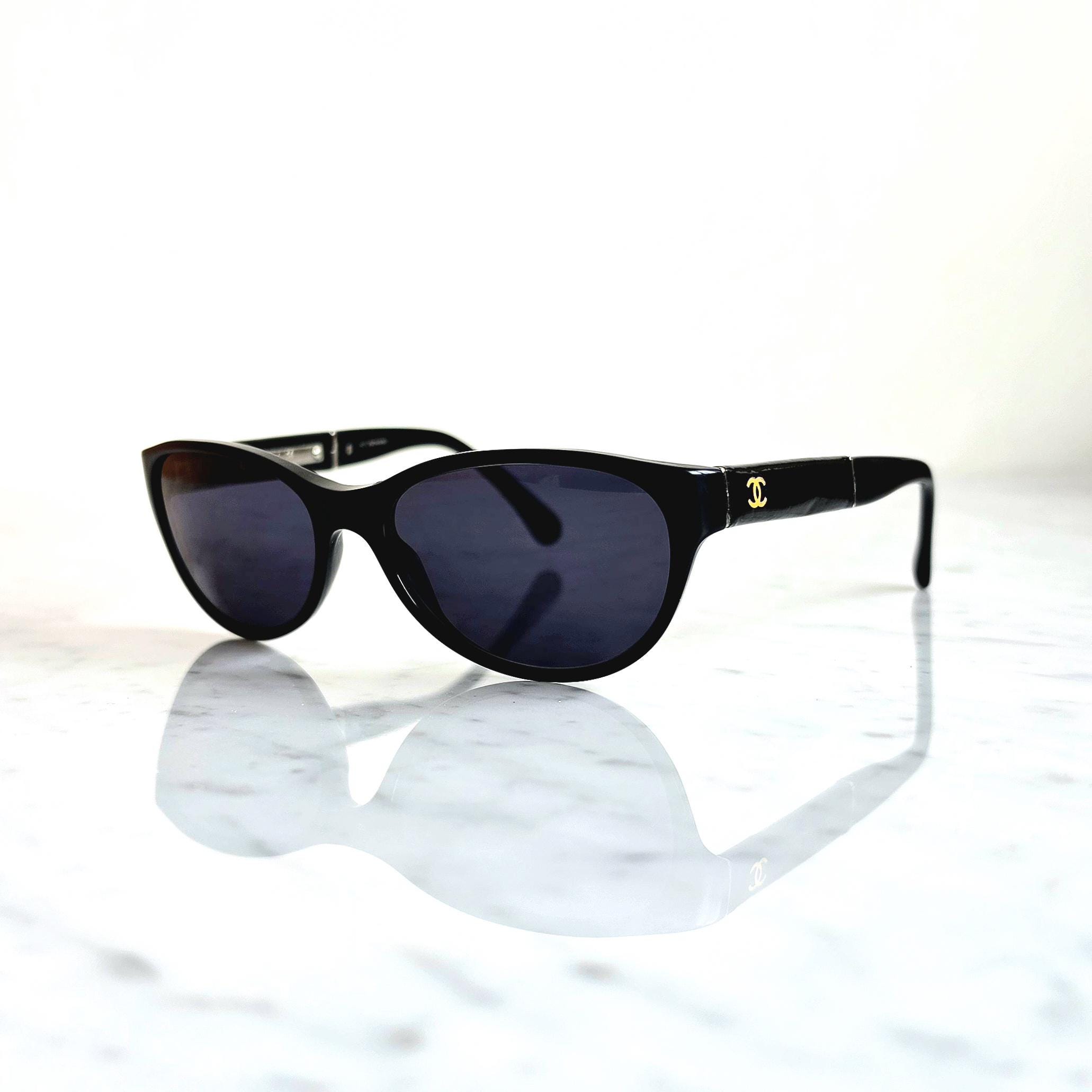 CHANEL Vintage Sunglasses Leather Insert Temple Oval Cateye Black