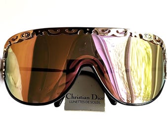 DIOR vintage sunglasses rare gold baroque Christian 2501 visor frame wrap mask shield oval square rainbow flash pink purple lens 90s New NOS