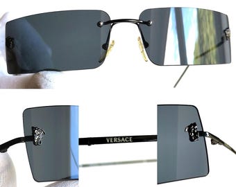 VERSACE Vintage Sunglasses Black Rectangular Rimless Medusa Gray
